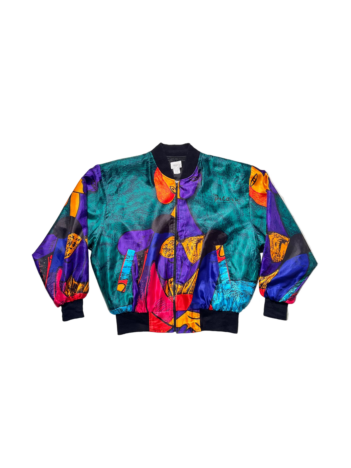 80s Picasso Abstract Art Satin Bomber Jacket, All-Over Print